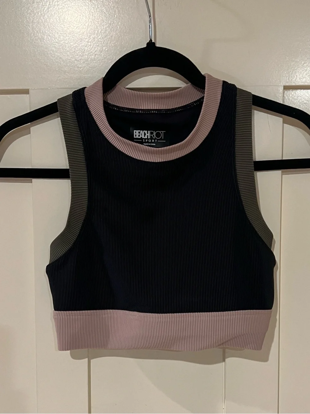 Beach Riot Gwen Colorblock Ribbed Crop Bikini Top Black Olive Tan Gym Beach XS - Picture 7 of 13